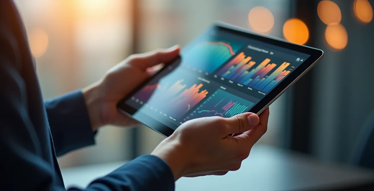 Close-up of hands analyzing real-time fleet data on tablet device