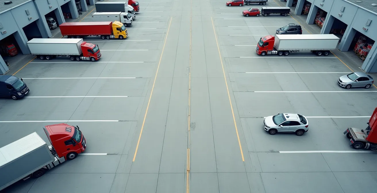 Wide aerial view of organized vehicle distribution center