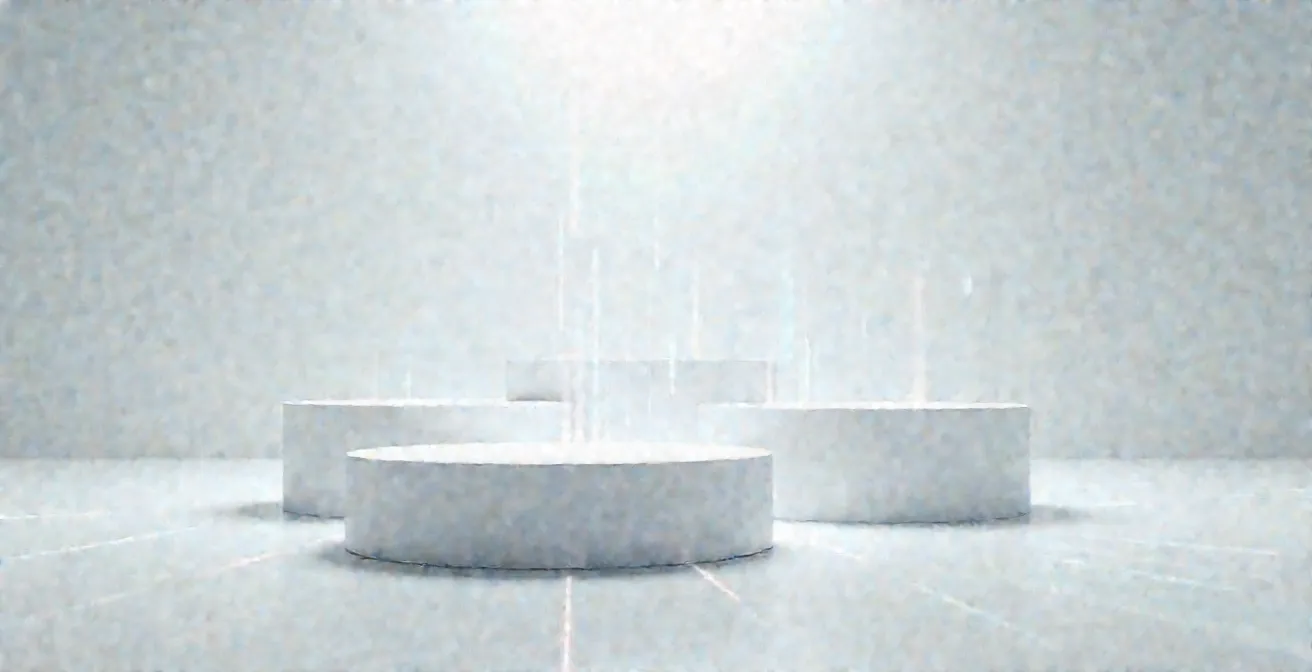 Wide shot of multiple interconnected floating platforms representing different rental marketplaces in a minimalist space