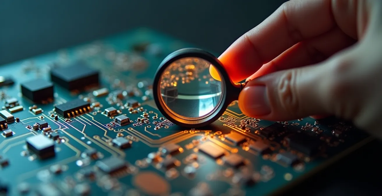 Close-up of hands examining intricate circuit board patterns with magnifying glass