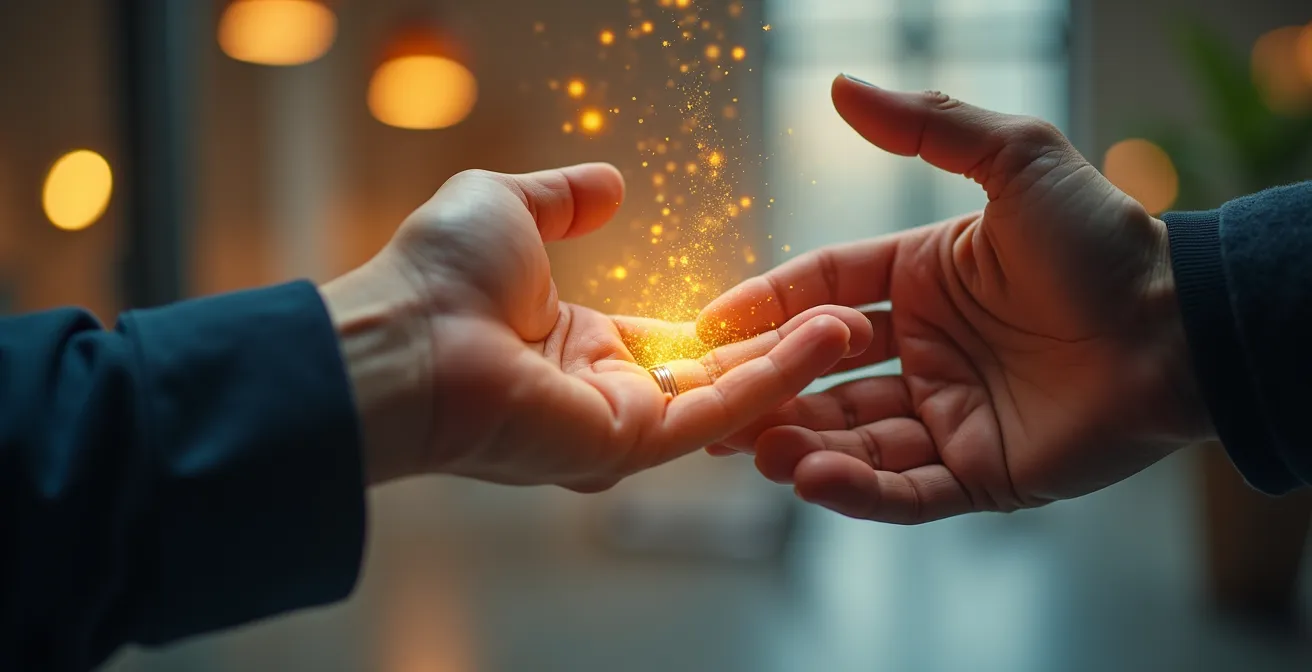 Close-up of human hands interacting with holographic data visualization
