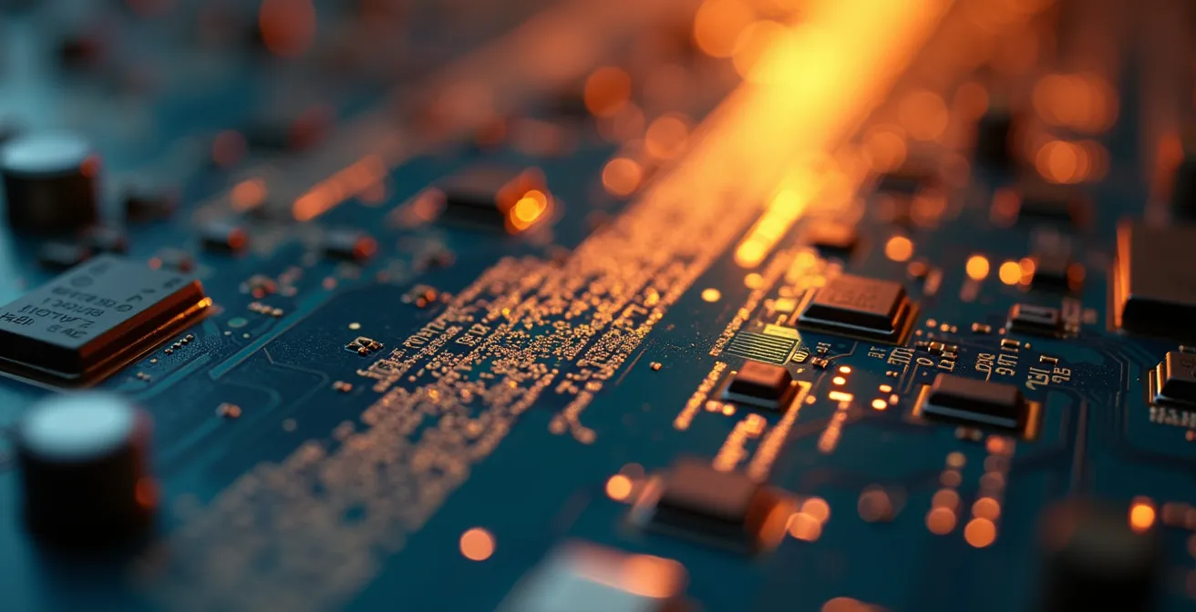 Extreme close-up of circuit board with flowing light representing data streams