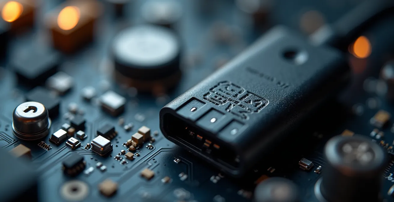 Extreme close-up of vehicle diagnostic sensor with circuit patterns