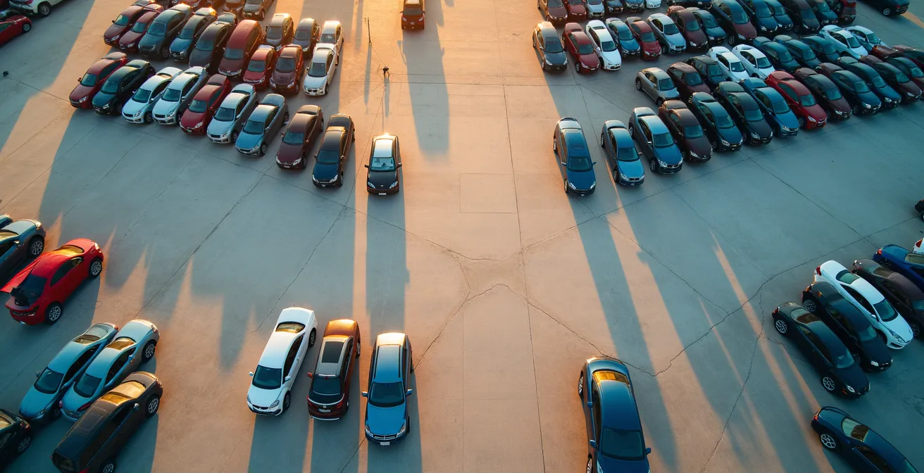 Aerial view of organized parking lot with vehicles in perfect geometric patterns