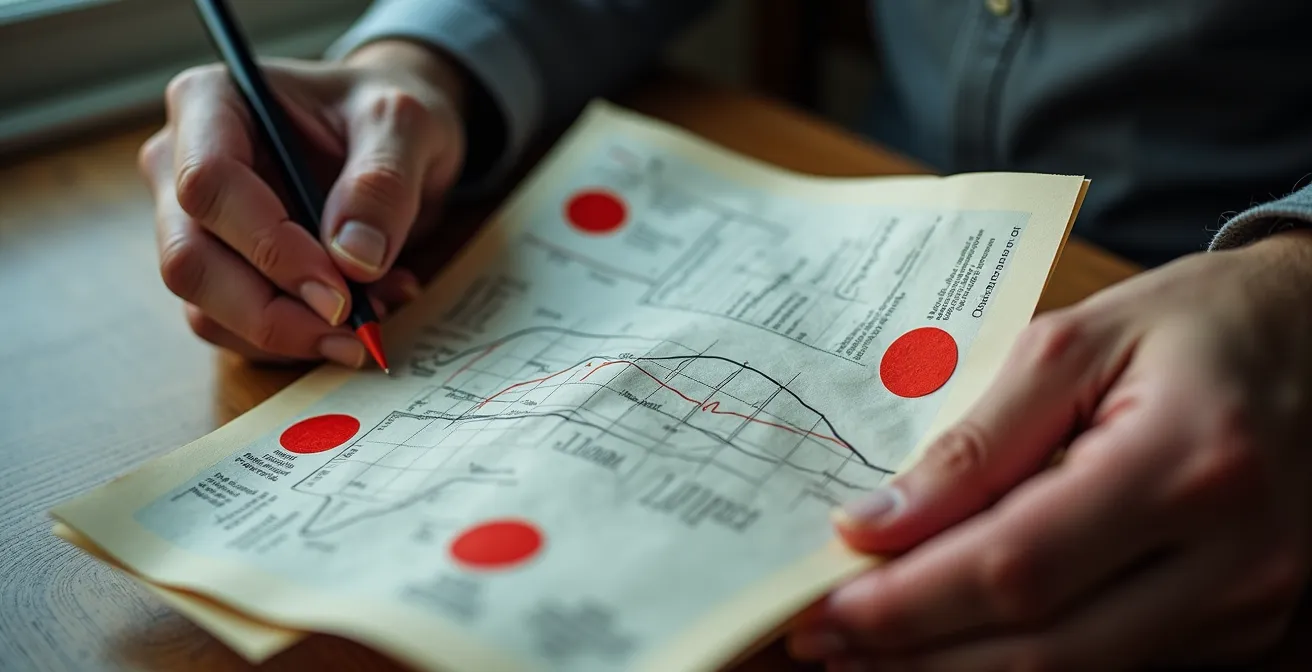 Close-up of hands analyzing paper charts with red warning markers scattered across multiple graphs