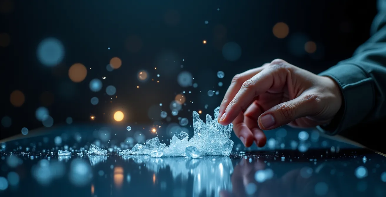 Close-up of hands analyzing colorful data patterns on a holographic surface representing fleet analytics