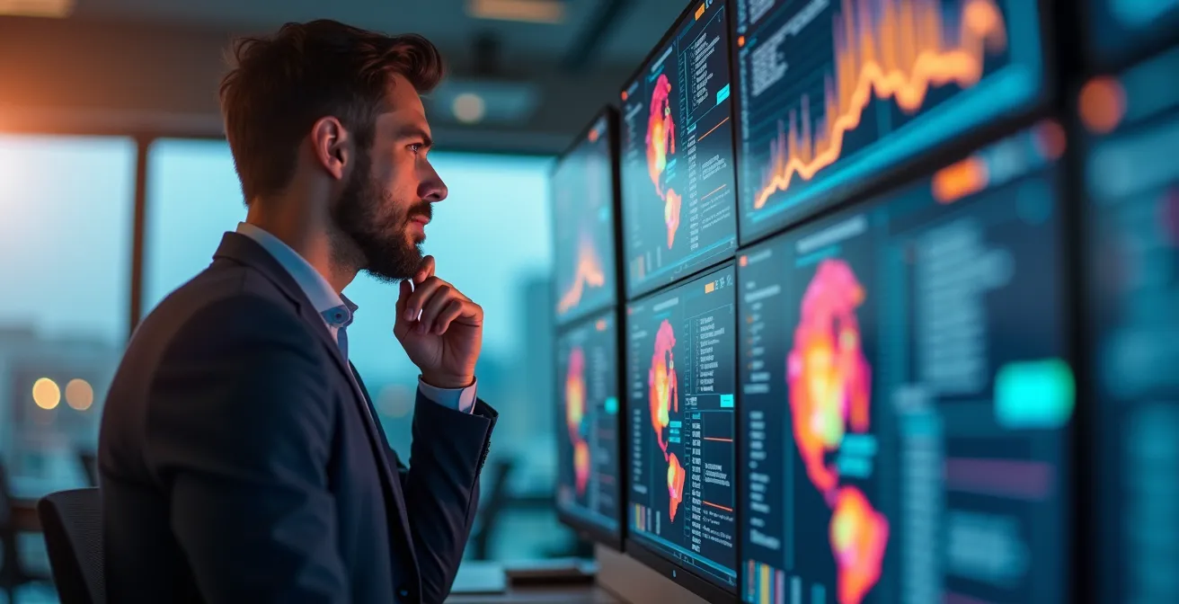 Business professional examining performance dashboards on multiple screens in modern office