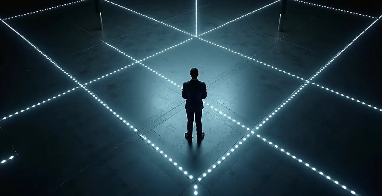 Aerial view of a person standing at the center of illuminated pathways forming a network pattern
