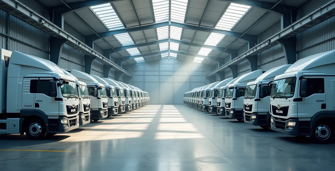 Wide angle view of organized warehouse space with geometric patterns of stored equipment